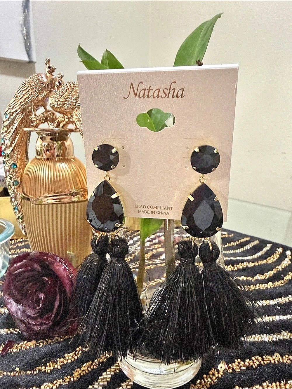 Natasha Black Tassel Rhinestone Drop Earrings Black Drop Tassel Earrings Like
